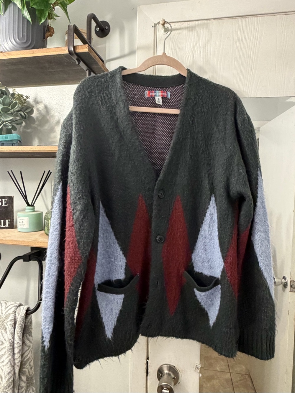 Urban Outfitters Men's Dark Green Cardigan with Red and Blue Geometric Panels